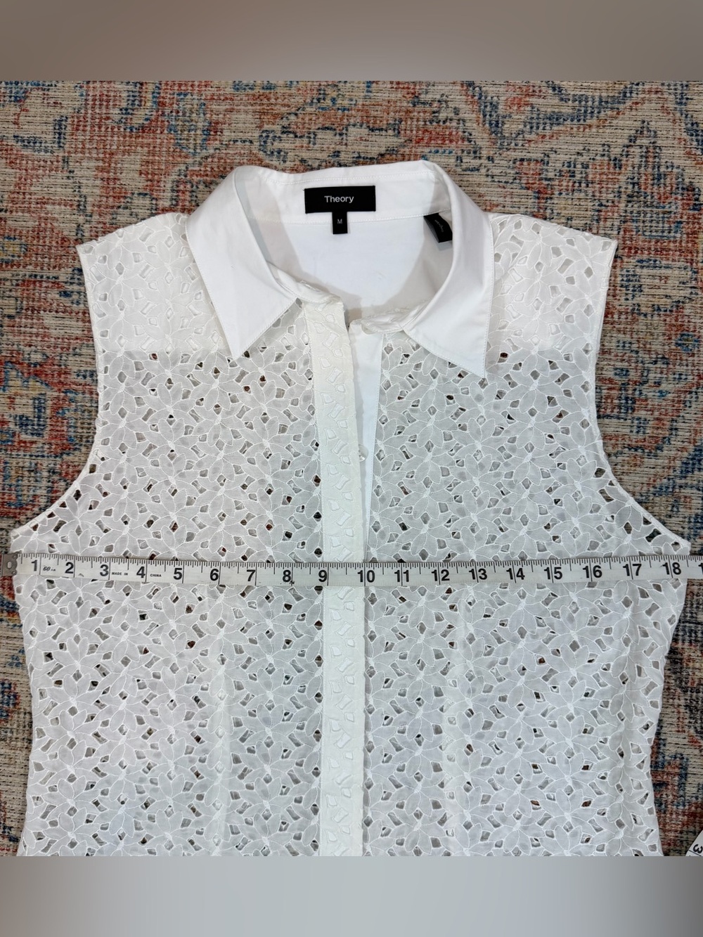 Theory Cotton Silk Eyelet Lace Dainty Sleeveless Button Front Blouse White M - Picture 7 of 9